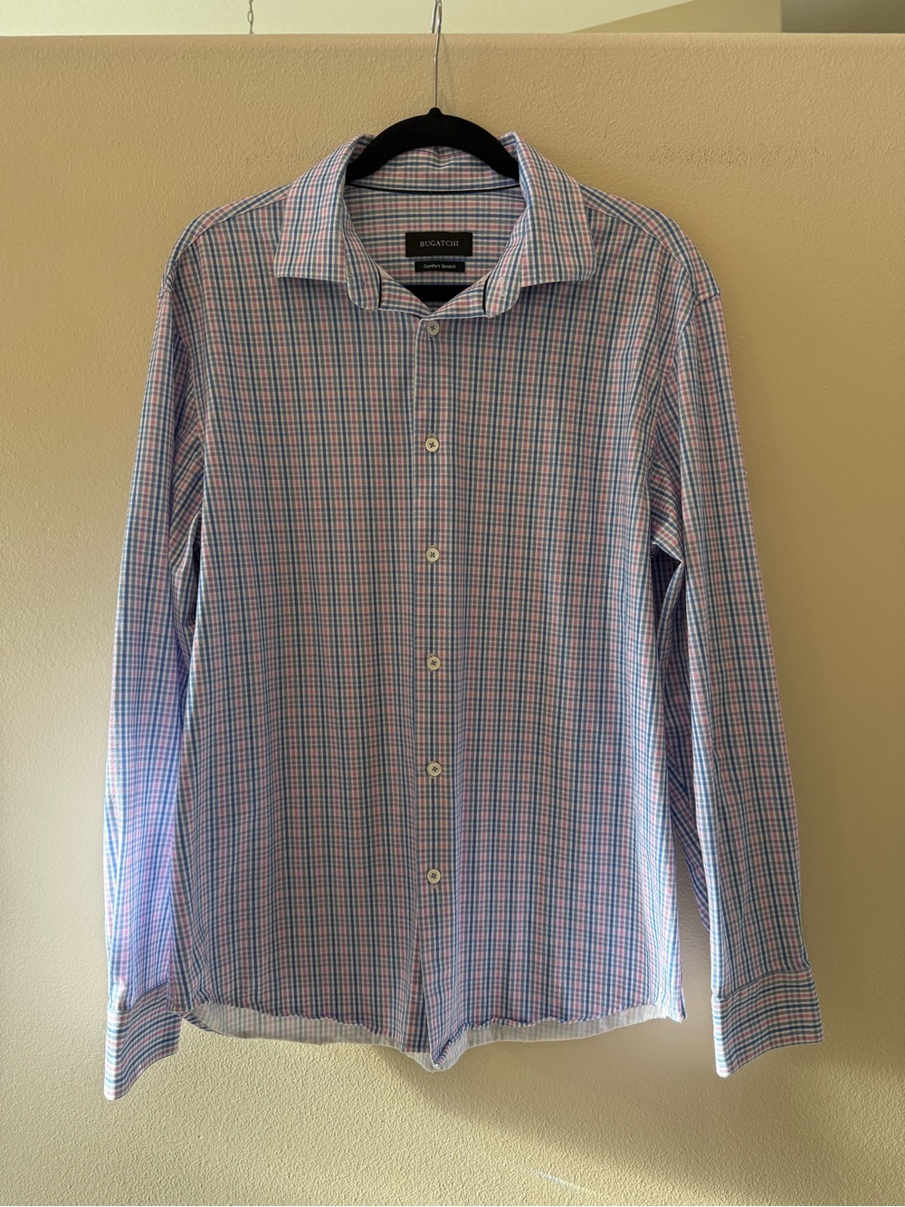Bugatchi Men’s Comfort Stretch Blue & Pink Check Dress Shirt